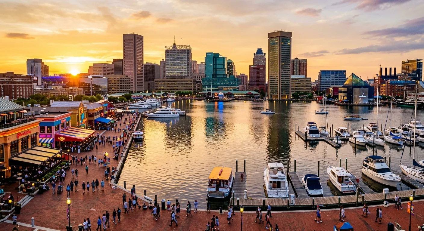 Baltimore Maryland Inner Harbor waterfront at golden hour with city skyline and boats