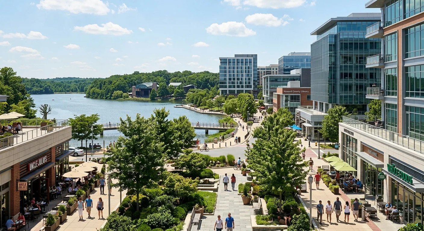 Columbia Maryland Town Center with Lake Kittamaqundi and modern commercial buildings