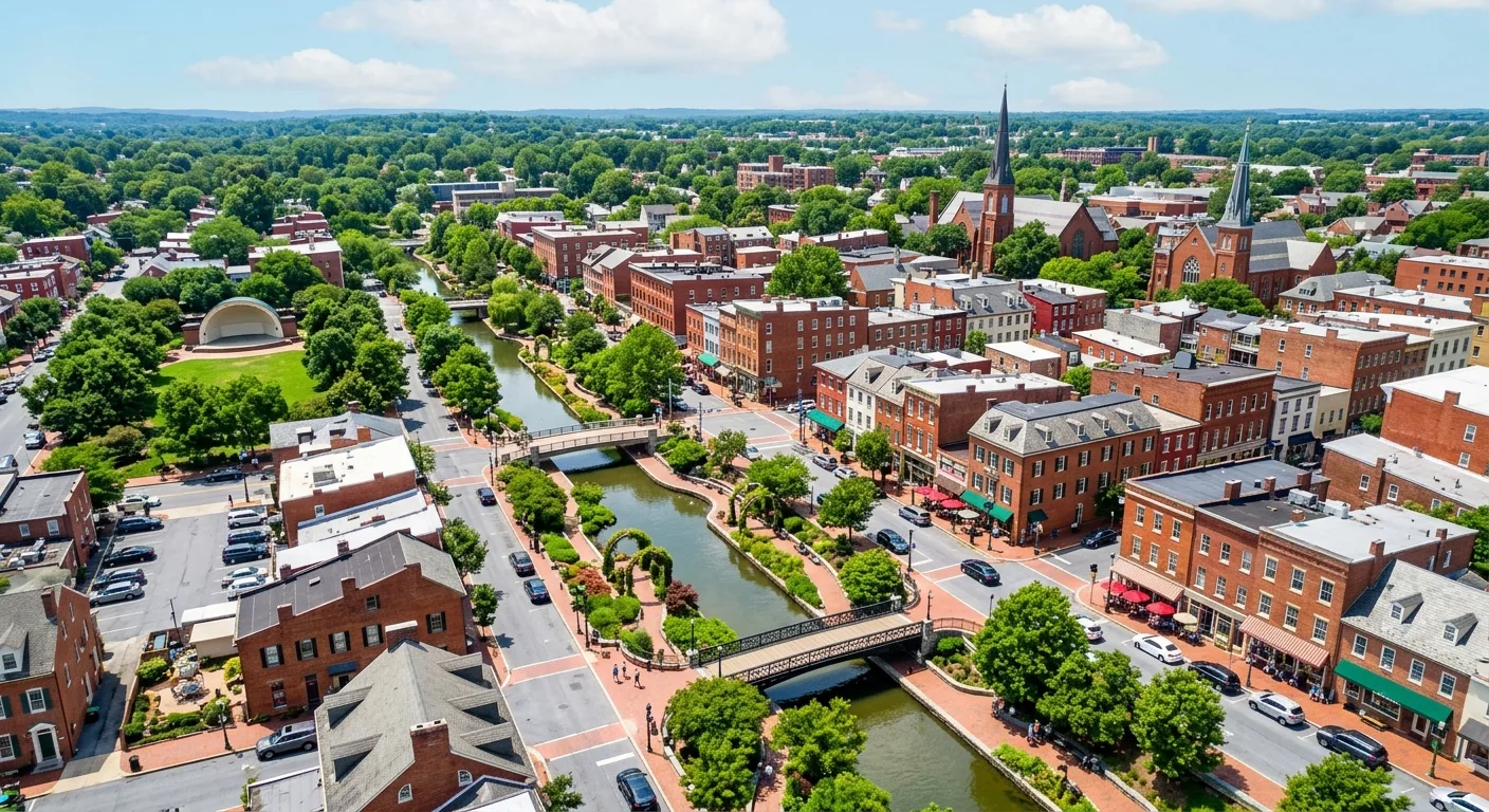 Aerial view of Downtown Frederick Maryland with Carroll Creek Linear Park and historic brick buildings