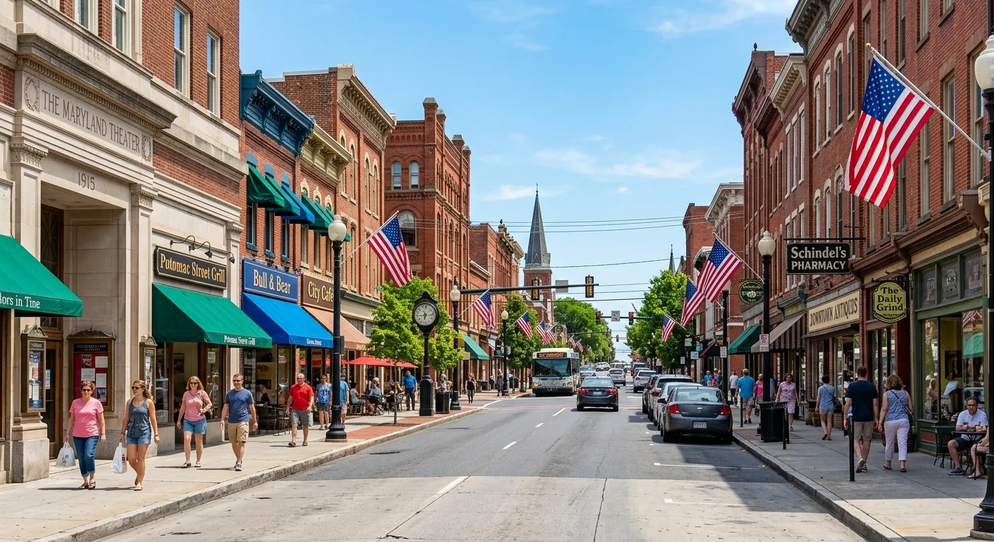 Downtown Hagerstown Maryland city center with historic architecture and local small businesses
