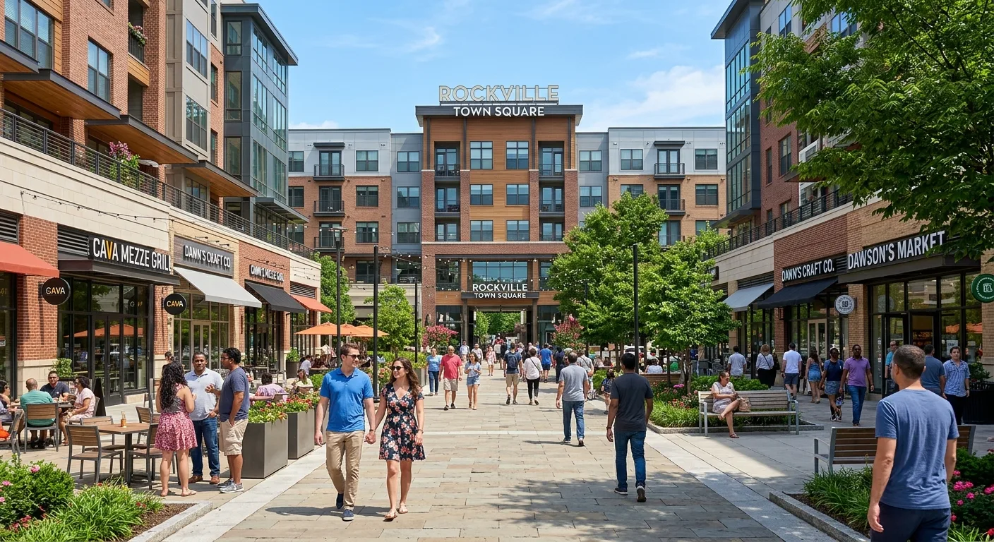 Rockville Maryland Town Square with modern buildings and pedestrian plaza