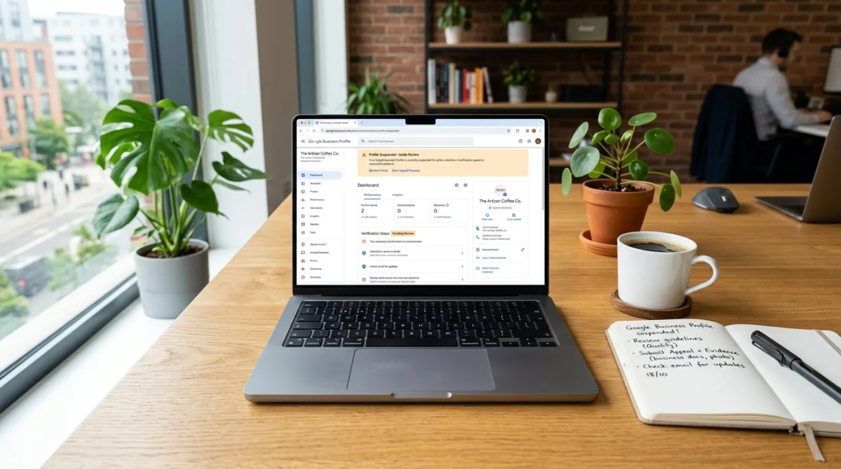 Laptop displaying Google Business Profile suspension warning and verification appeal dashboard
