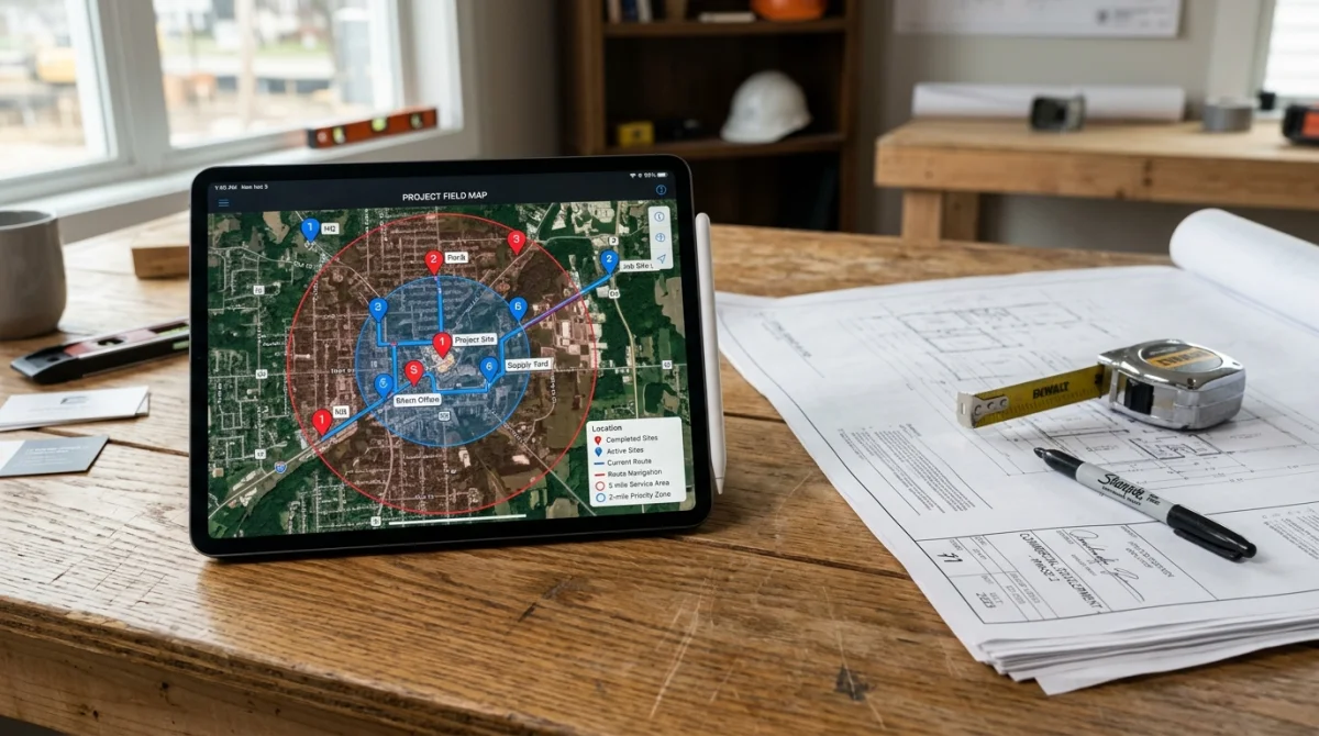 iPad on contractor desk showing service area radius zones and Google Maps pin locations