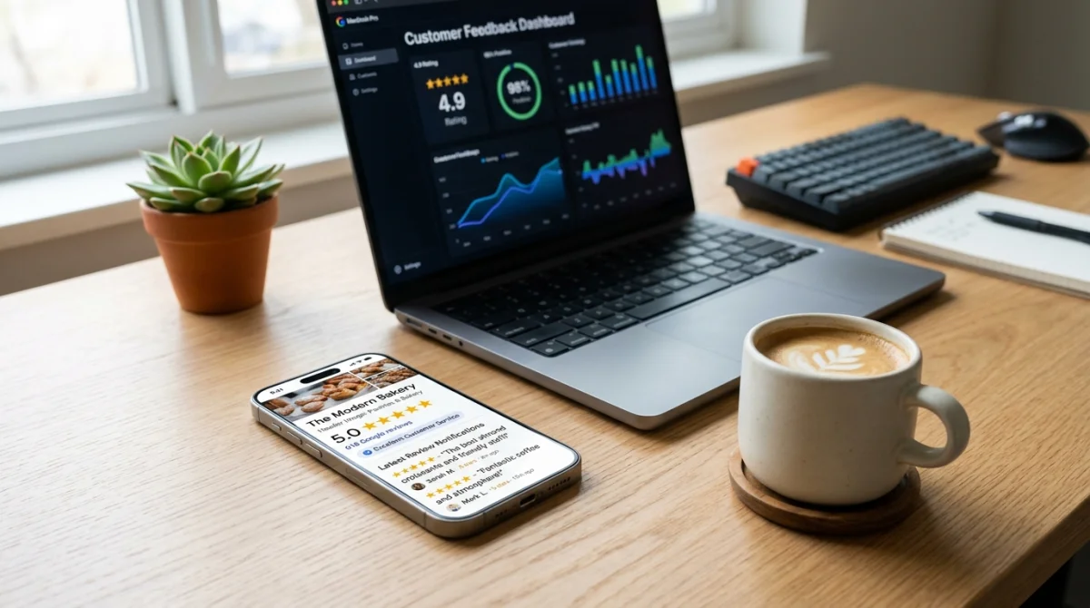 Customer feedback dashboard and smartphone displaying 5-star Google reviews