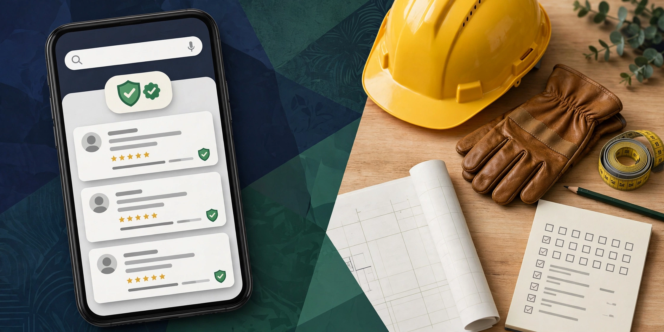 Smartphone showing Google Local Services Ads listings with verified badges beside a contractor hard hat and work gloves