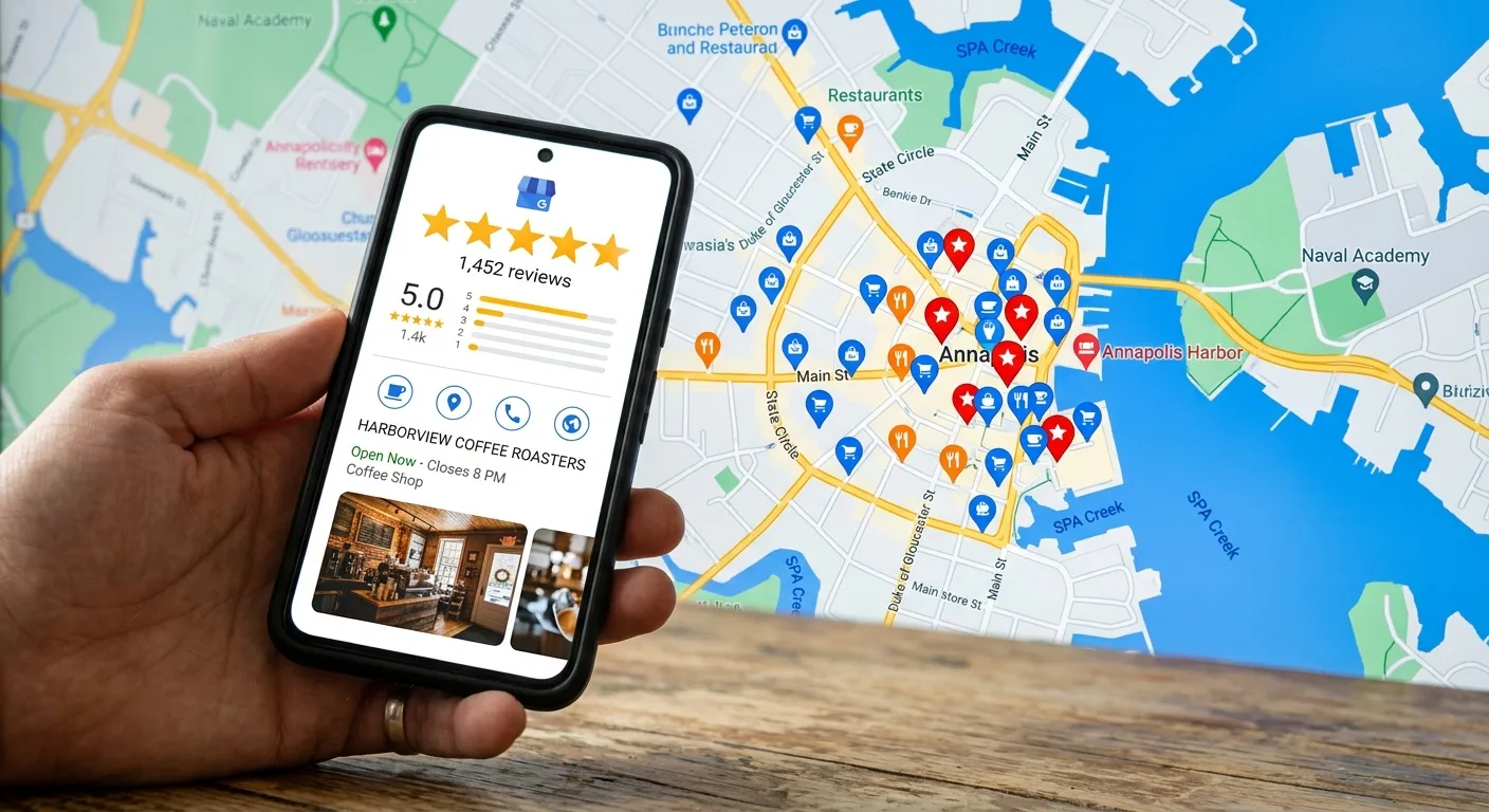 Google Maps showing local business pins across Maryland with Google Business Profile on smartphone