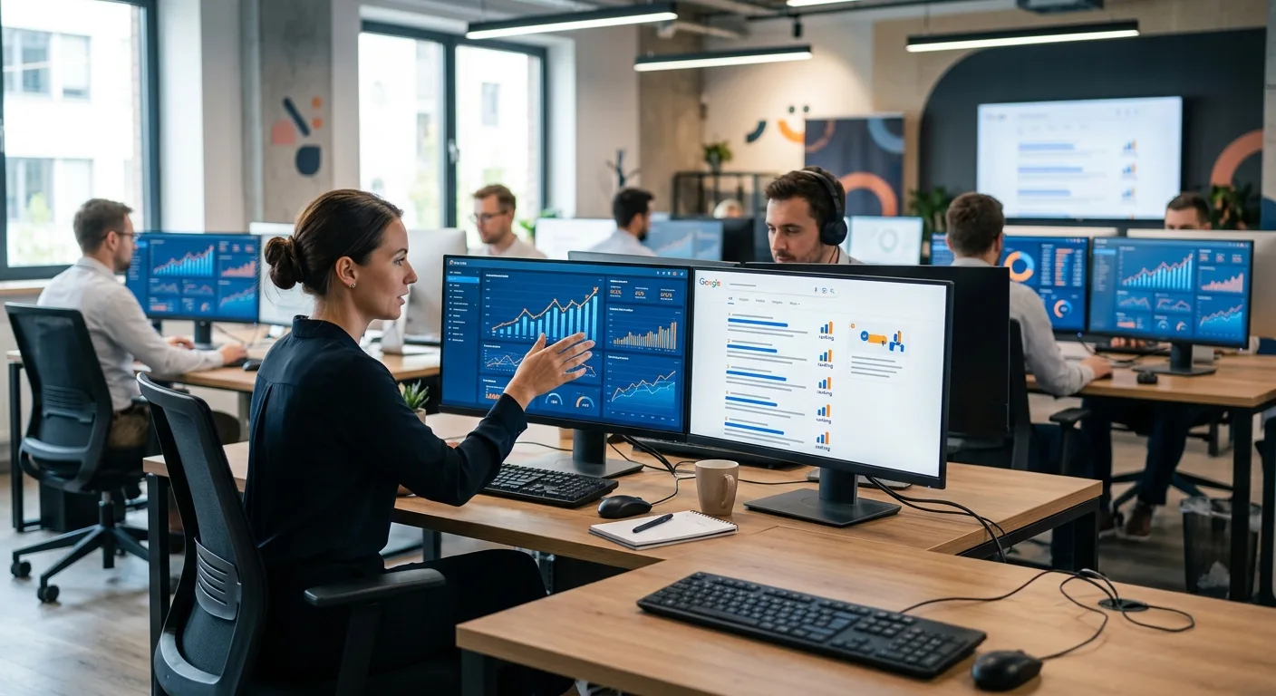 SEO analytics dashboard showing upward trending Google rankings for Maryland businesses