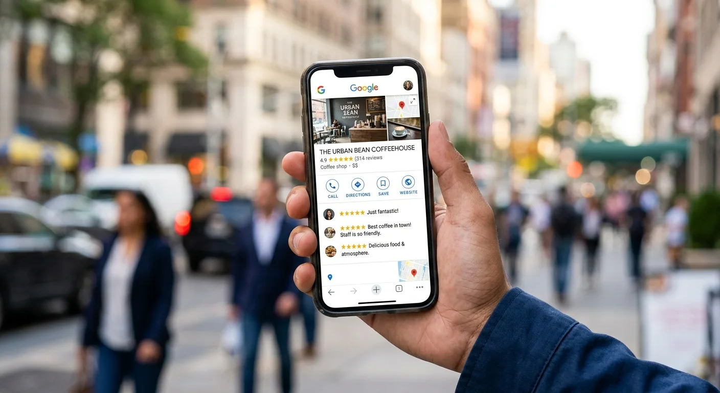 Smartphone showing Google Business Profile with five star reviews for a local business