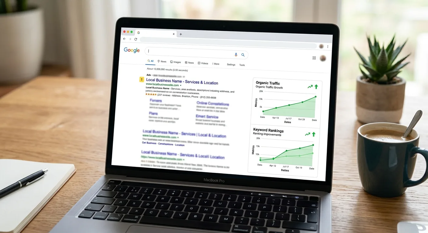 Laptop showing Google search results with a local business ranking number one