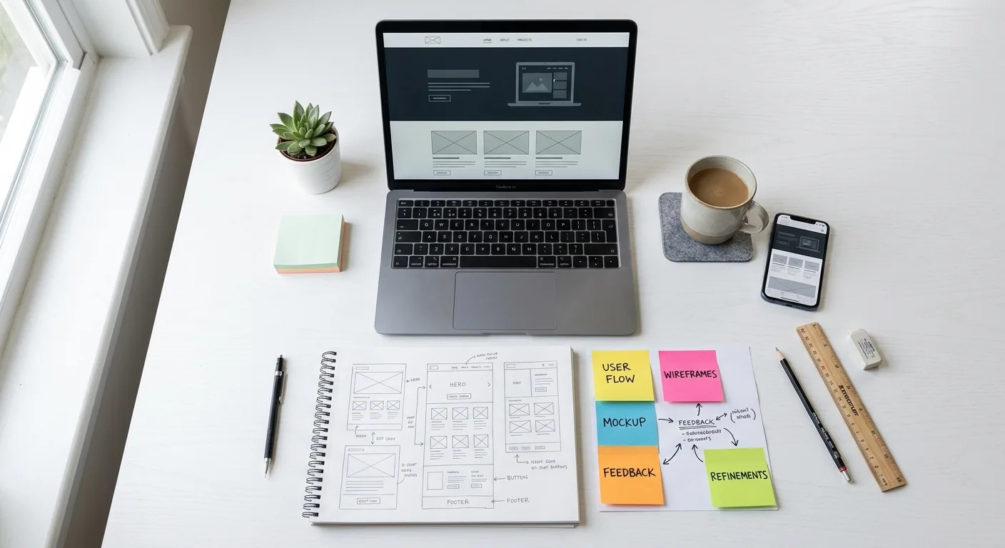 Website design process with wireframes and mockups on a clean desk