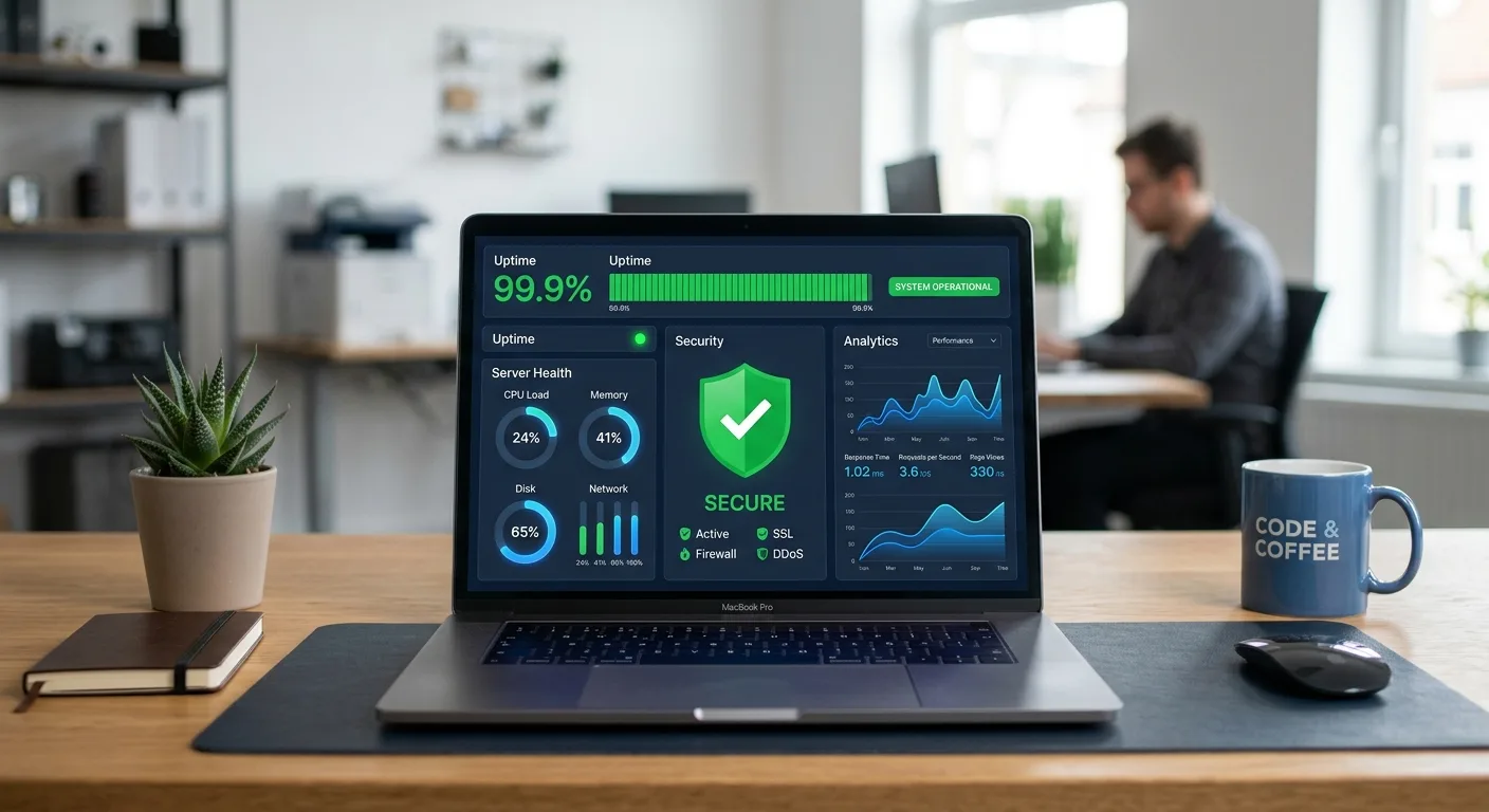 Website maintenance monitoring dashboard showing uptime and security status